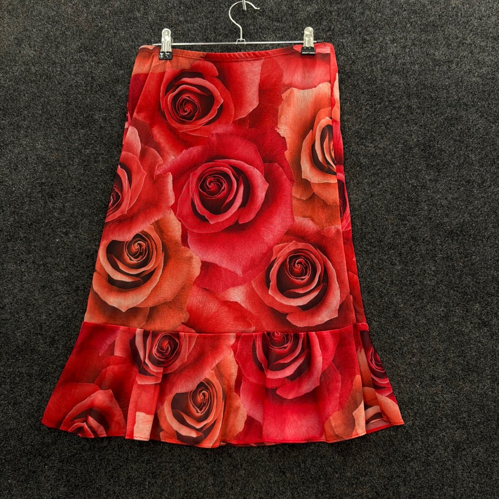 Vintage LA Movers Red Rose Floral Midi Skirt Mesh Ruffle Hem Medium Made in USA